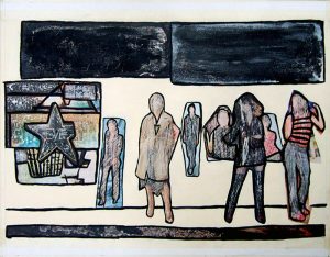 Philippe Touati 2004, acrylique et collage sur papier, passagers sur un quai.